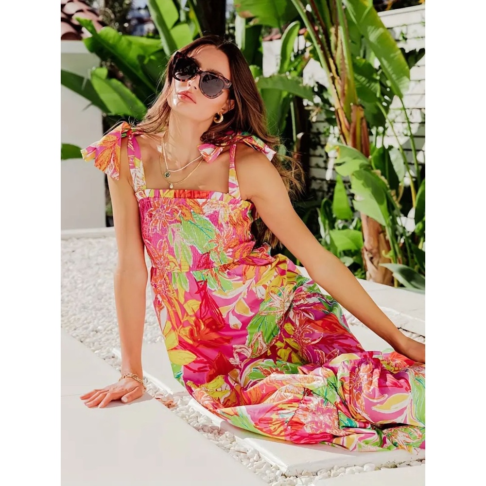 Women's Tropical Maxi Dress Sleeveless Colorful Bright Bow Tie Tiered Layer